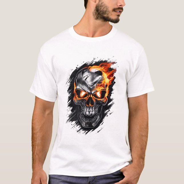 Metallic Flaming Skull - Gothic Design T-Shirt (Front)
