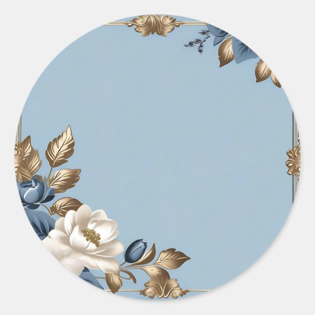 Metallic Floral Blue And Gold Classic Round Sticker (Front)