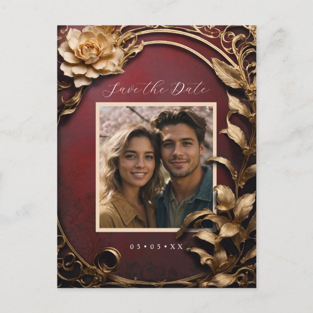 Metallic flowers photo save the date postcard (Front)