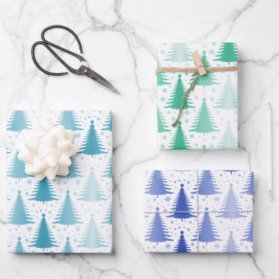 Metallic Foil Blue Green Pine Trees Wrapping Paper Sheet