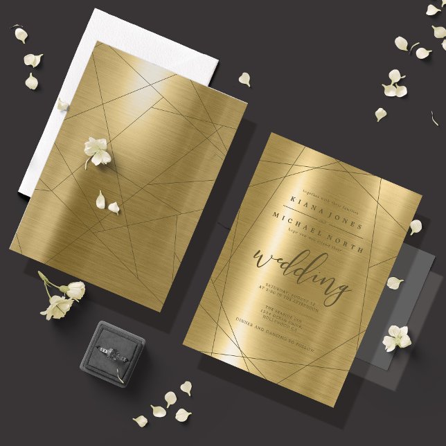Metallic Geometric Wedding Gold ID648 Invitation (Front/Back In Situ)