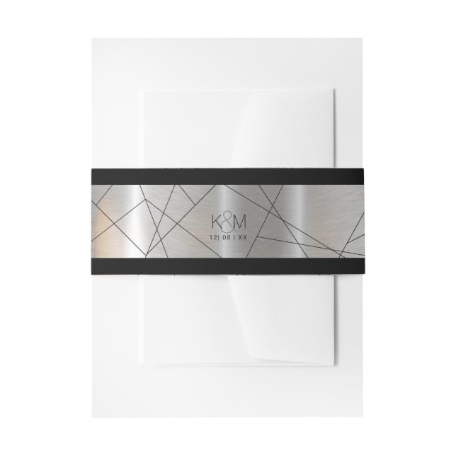 Metallic Geometric Wedding Silver/Black ID648 Invitation Belly Band (Front Example)