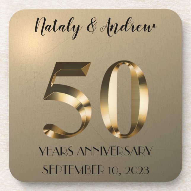 Metallic Gold 50th Wedding Anniversary Coaster (Front)