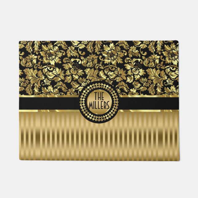 Metallic Gold And Black Damasks And Stripes Doormat (Front)