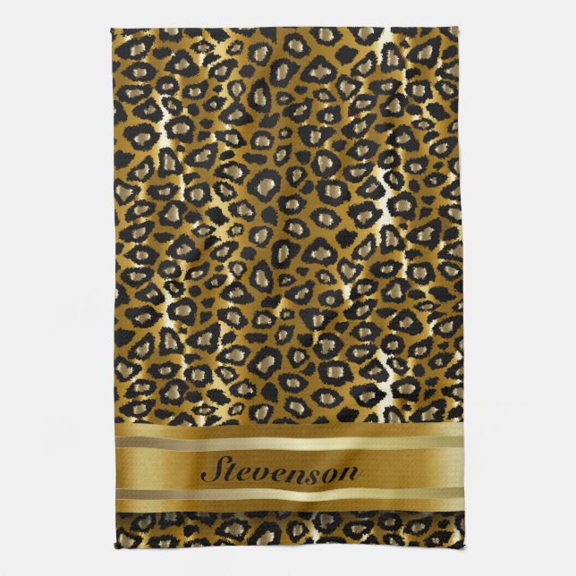 Metallic Gold and Black Leopard Animal Pattern Tea Towel (Vertical)