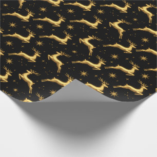 Metallic Gold and Black Reindeer and Stars Wrapping Paper