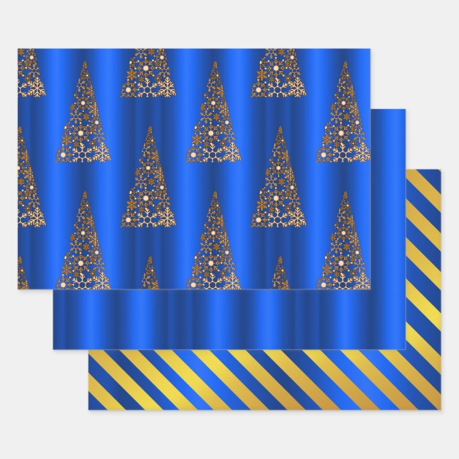Metallic Gold and Blue Christmas Wrapping Paper Sheet (Set)