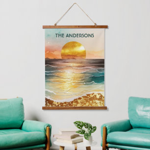 Metallic Gold and Teal Beach Sunset Signature  Hanging Tapestry