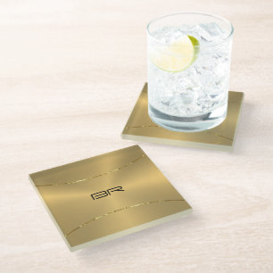 Metallic gold background custom monogram glass coaster