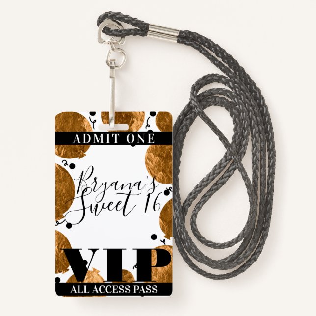 Metallic Gold Balloons Sweet 16 Party VIP Pass ID Badge (Front with Lanyard)