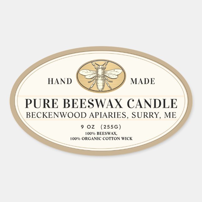 Metallic Gold Beeswax Oval Candle Heraldic Bee Oval Sticker (Front)