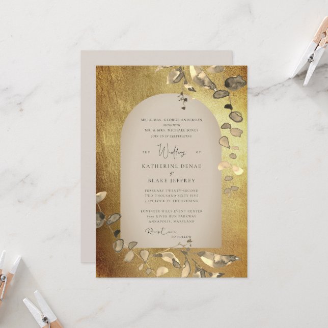Metallic Gold & Beige Geometric Foliage Wedding Invitation (Front/Back In Situ)