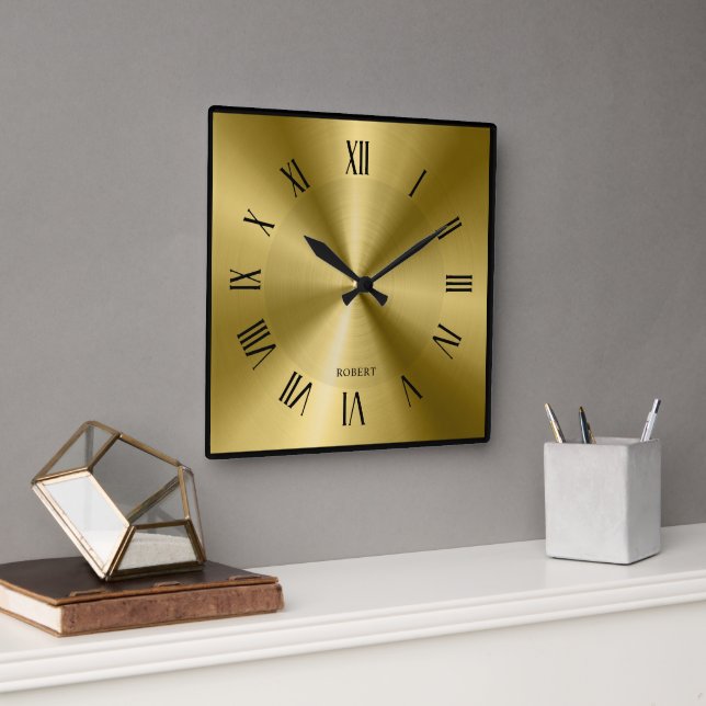 Metallic Gold & Black Border Roman Numerals  Square Wall Clock (Office)