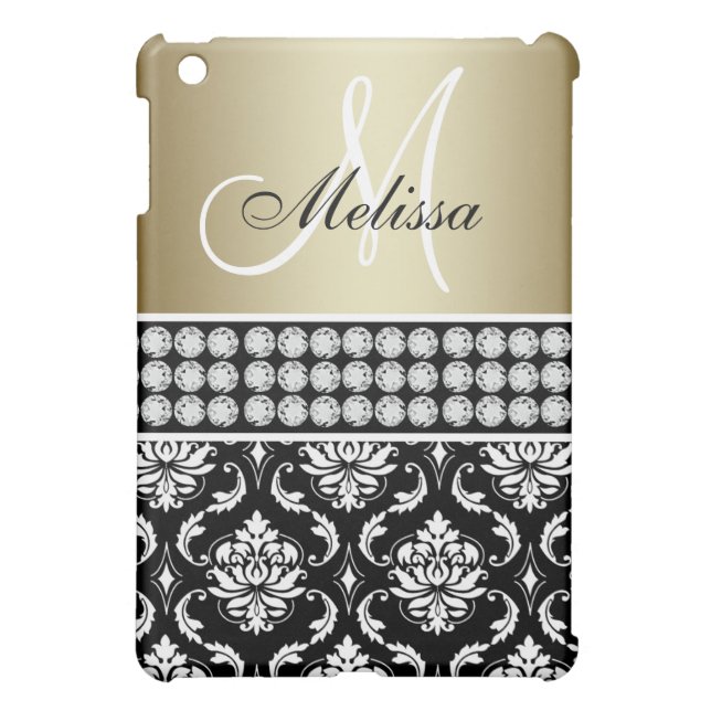 METALLIC GOLD BLACK DAMASK PATTERN MONOGRAM iPad MINI CASE (Back)