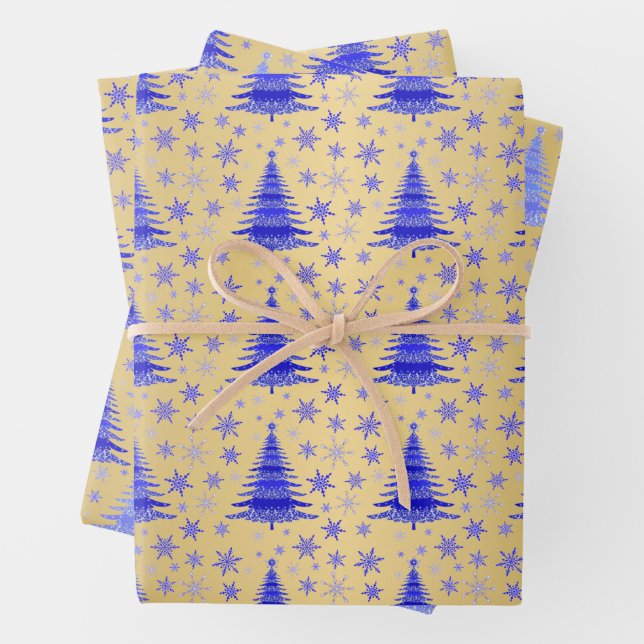Metallic Gold Blue Christmas Trees Pattern Wrapping Paper Sheet (In situ)