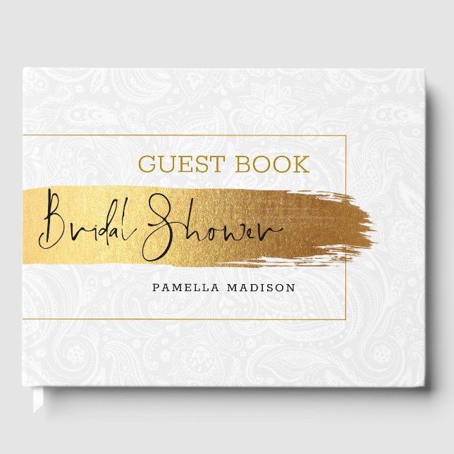 Metallic gold brushstroke modern typography guest book (Front)