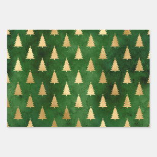 Metallic Gold Christmas Trees on Green Wrapping Paper Sheet
