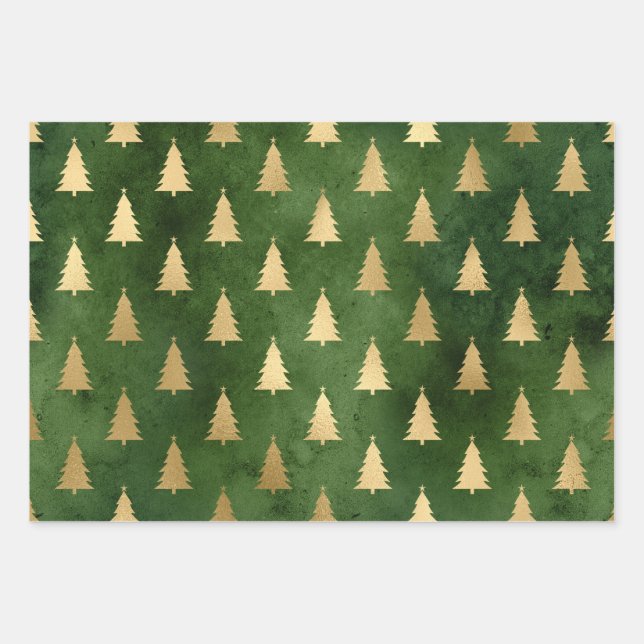 Metallic Gold Christmas Trees on Green Wrapping Paper Sheet (Front)