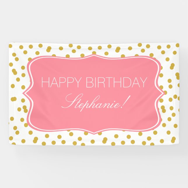 Metallic Gold Confetti with Pink Birthday Party Banner (Horizontal)