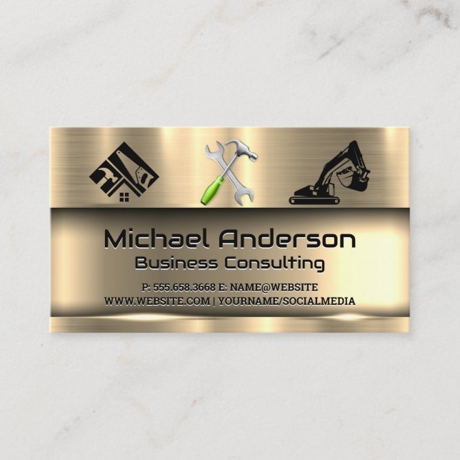 Metallic Gold | Construction Vehicle | Hand Tools Business Card (Front)