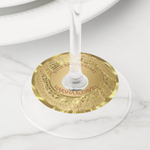 Metallic Gold Damask And Circle Wine Glass Tag