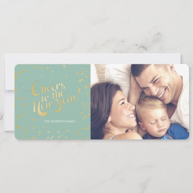 Metallic Gold Dots Mint Cheers New Years Holidays Holiday Card (Front)