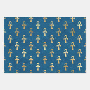 Metallic Gold Egyptian Ankh on Blue Wrapping Paper Sheet