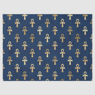 Metallic Gold Egyptian Ankh on Navy Blue Decoupage Tissue Paper