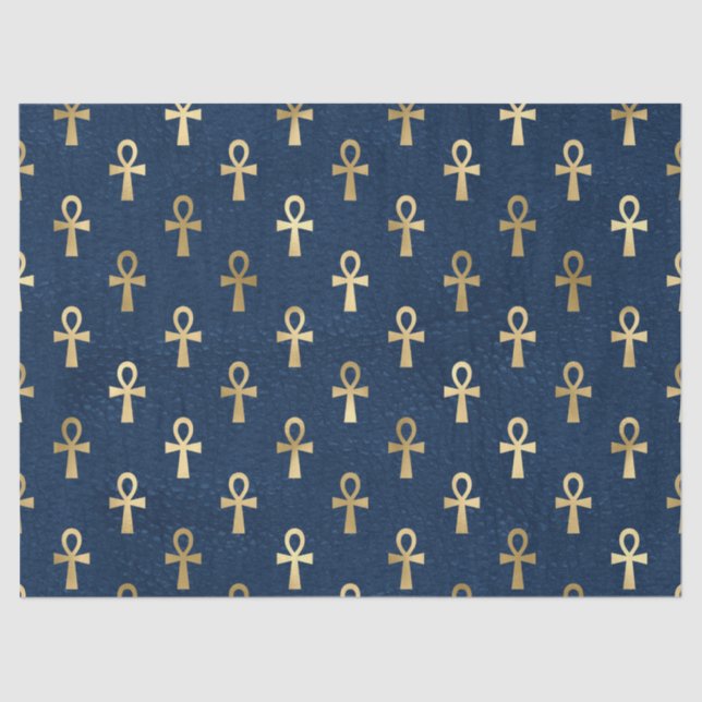 Metallic Gold Egyptian Ankh on Navy Blue Decoupage Tissue Paper (Front)