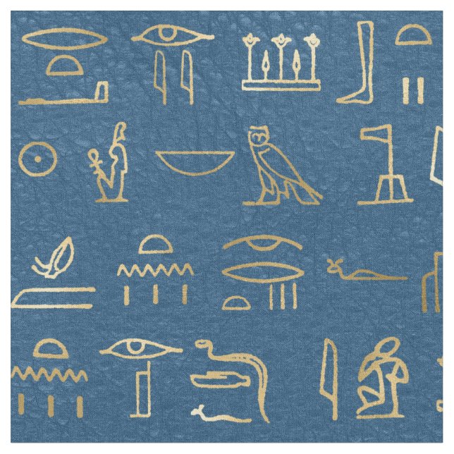 Metallic Gold Egyptian Hieroglyphs on Blue Fabric (Close Up)
