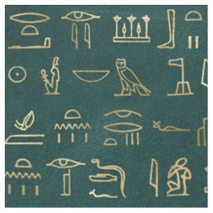 Metallic Gold Egyptian Hieroglyphs on Forest Green Fabric