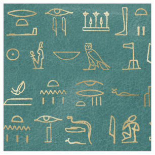 Metallic Gold Egyptian Hieroglyphs on Green Fabric