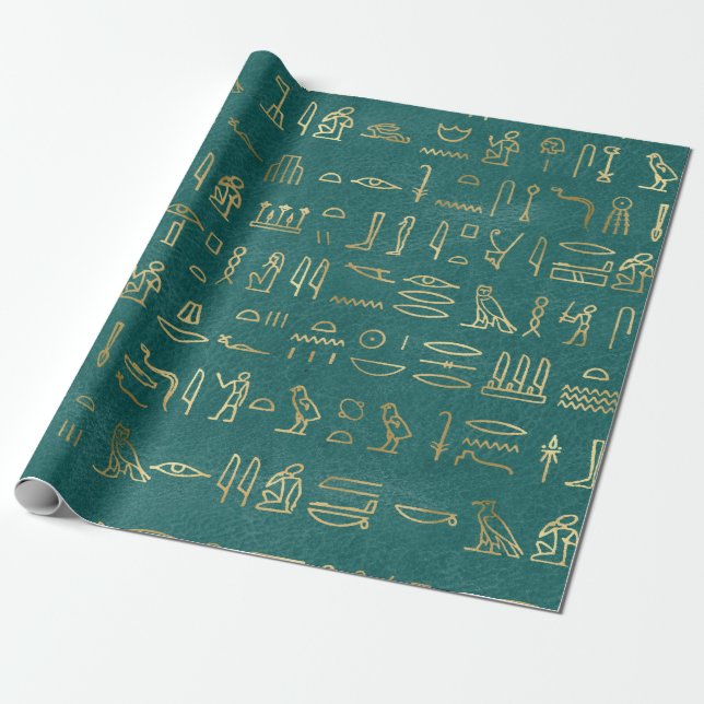 Metallic Gold Egyptian Hieroglyphs on Green Wrapping Paper (Unrolled)