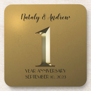 Metallic gold first wedding anniversary coaster