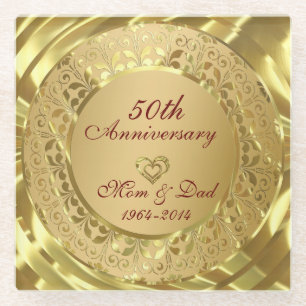 Metallic Gold Floral And Golden Rings Glass Coaster