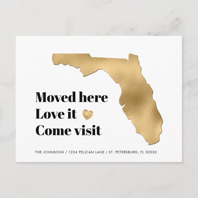 Metallic Gold Florida Map New Address Announcement Postcard (Front)