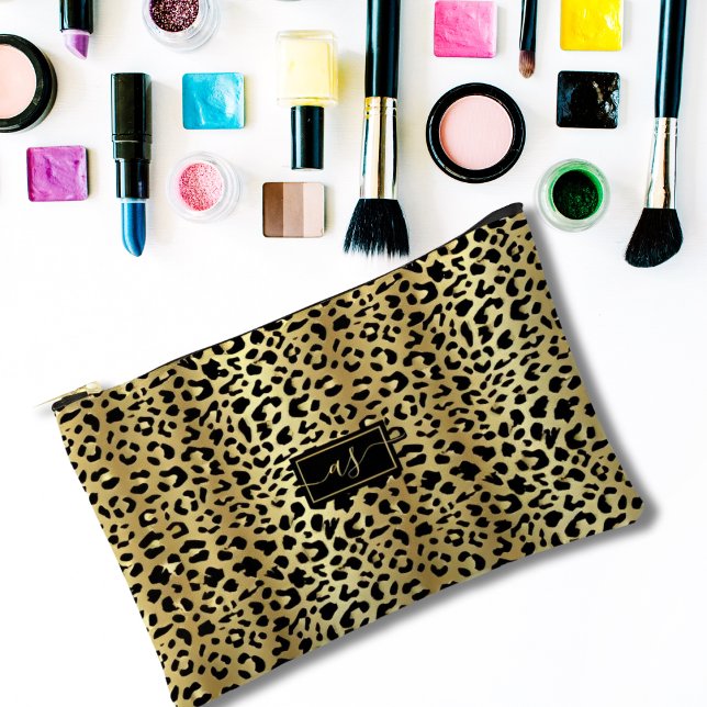 Metallic Gold Foil Black Leopard Print Monogrammed Accessory Pouch (Creator Uploaded)