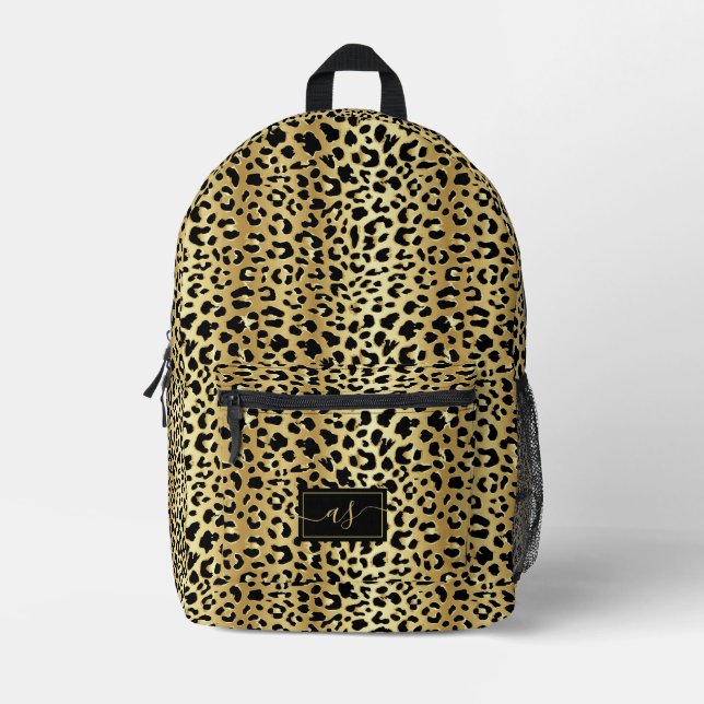 Metallic Gold Foil Black Leopard Print Monogrammed Printed Backpack (Front)