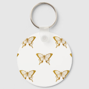 Metallic Gold Foil Butterflies on White Key Ring