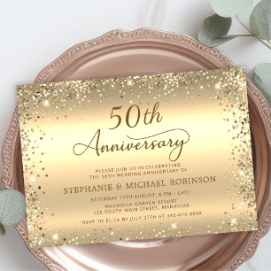  Metallic Gold Glitter 50th Wedding Anniversary Invitation