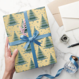 Metallic Gold Green Christmas Trees Pattern Wrapping Paper