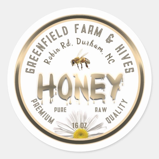 Metallic Gold Honey Label Bee Daisy Flower (Front)