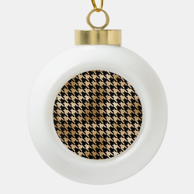 Metallic gold hounds tooth, fashion pattern. ceramic ball christmas ornament (Front)