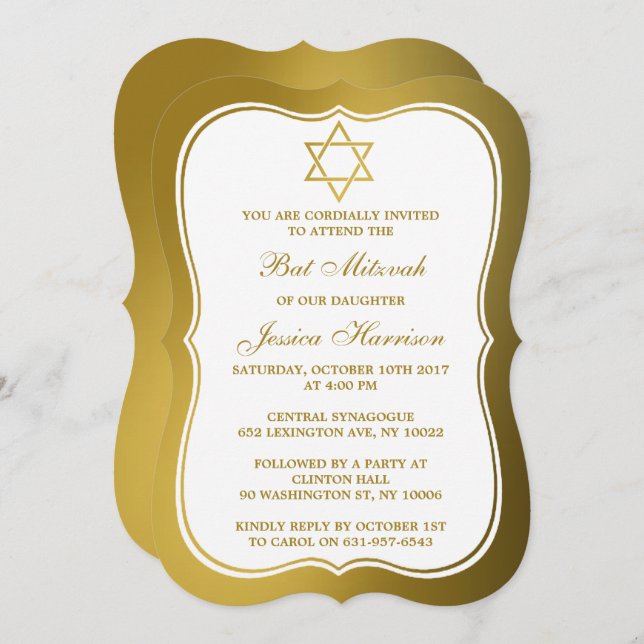 Metallic Gold Jewish Star Of David Bat Mitzvah Invitation (Front/Back)