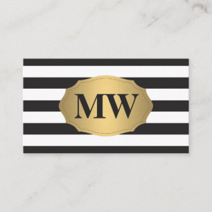 Metallic Gold Label Black White Stripes Monogram Business Card