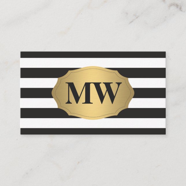 Metallic Gold Label Black White Stripes Monogram Business Card (Front)