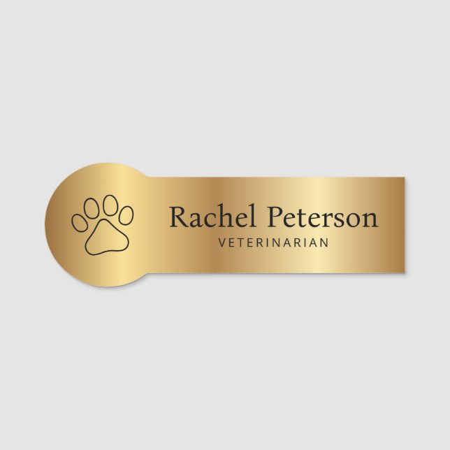 Metallic Gold Modern Paw Print Veterinary Name Tag (Front)