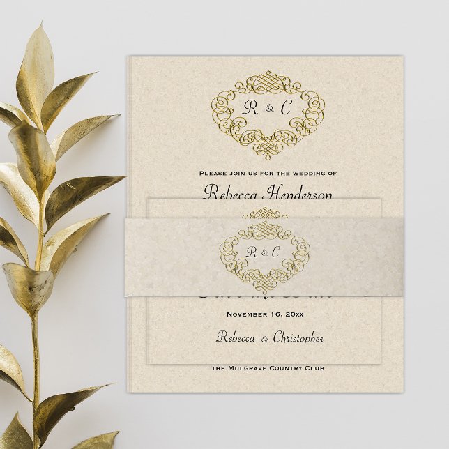 Metallic Gold Monogrammed Wedding Crest  Invitation Belly Band (Creator Uploaded)