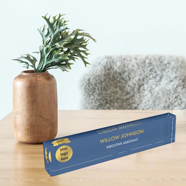 Metallic Gold & Navy Blue Business Logo Executive Nameplate (Metallic Gold & Navy Blue Business Logo Executive Desk Name Plate)