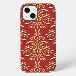 Metallic Gold Red Damask Pattern iPhone 13 Case